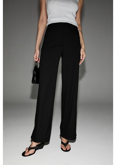 Grımelange Desır Kadın Beli Lastikli Geniş Paçalı Regular Fit Dokuma Siyah Pantolon
