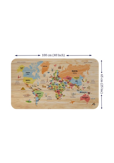 Ahşap Görünümlü Türkçe Eğitici Detaylı Atlası Dünya Haritası Duvar Sticker -60x105-3868 - Renkli Çok Renkli