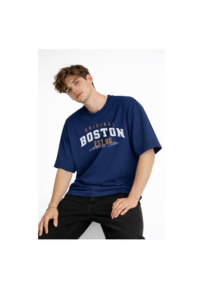 Misa Tahtakale Boston - Baskılı Oversize Tişört Lacıvert Çok Renkli
