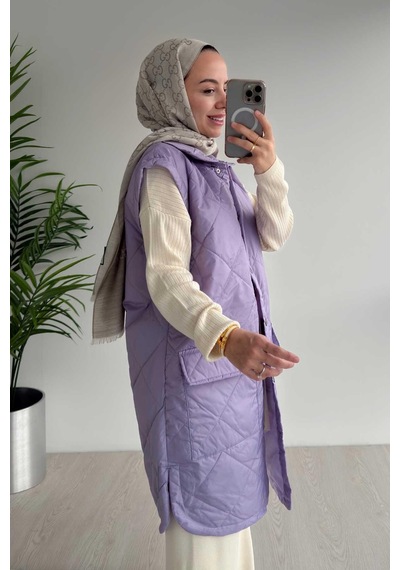 Ka Hijab Cep Detay Kapitone Yelek - Lila Lila