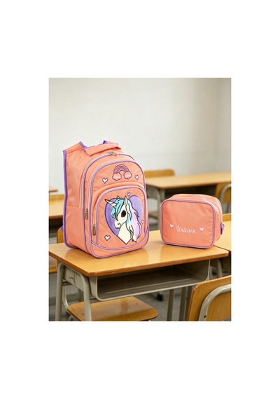 Kız Çocuk Karakter Nakışlı Ortopedik Okul Sırt Çantası Ve Beslenme Çantası Seti Pembe Pembe