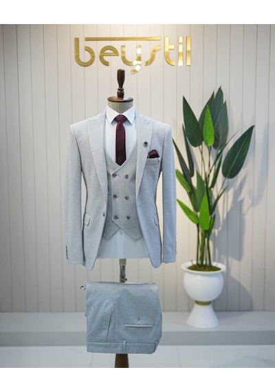 Beystil Sivri Yaka Açık Gri Takım Elbise Elanor - Slim Fit Açık Gri
