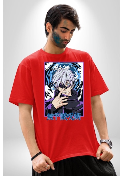 Jujutsu Vintage Washed - Megumi Gojo Anime Manga Pamuklu Bisiklet Yaka Unisex Oversize Boyfriend Dijital Baskılı Kırmızı T-shirt Kırmızı