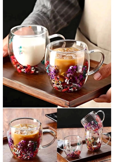 2'li Çift Cidarlı Çiçekli Bardak Kahve Çay 250ml Bardağı El Yapımı Kulplu Borosilikat Cam Bardağı