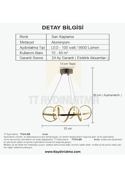 Tt314-sr Tt Ayd. 3 Renk Işık Büyük Sarmal Sarı Kaplama Led Avize SARI