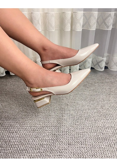 Asmi Shoes Kadın Yupin Krem Rugan Kısa Topuklu Arkası Açık Ayakkabı