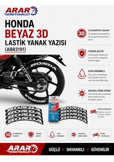 Honda Beyaz 3d Lastik Yanak Yazısı Arr3192 Siyah Beyaz