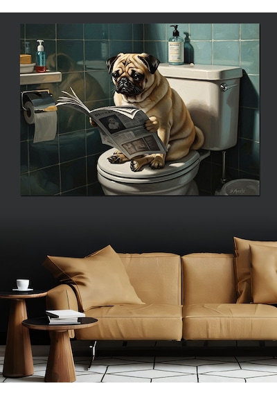 Ahşap Tablo Gazete Okuyan Komik Pug Köpek