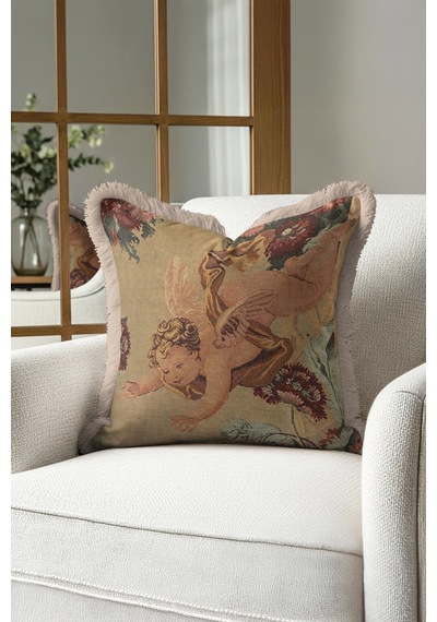 Barok Melek Motifli Saçaklı Yastık Kılıfı - Klasik Vintage Rustik Krem Püsküllü Kırlent Kılıfı Batımı Saks Mavisi Barok Melek Motifli Saçaklı Yastık Kılıfı - Klasik Vintage Rustik Krem Püsküllü Kırlent Kılıfı Batımı Saks Mavisi