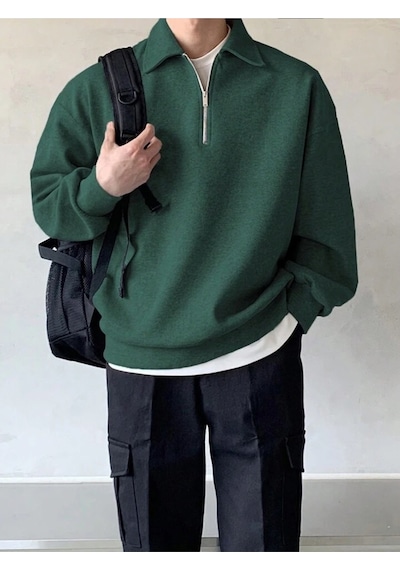 Genius Store Genıus Store Erkek Polo Yaka Oversize Sweatshirt Yarım Fermuar Sweatshirt Oversıze-sweatshırt Yeşil