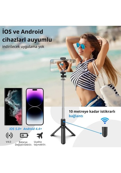 Ayrex Selfie Çubuğu Tripod 3'ü 1 Arada Bluetooth Uzaktan Kumandalı Telefon Tutucu, 360 Döner Başlık, Apple İOS &