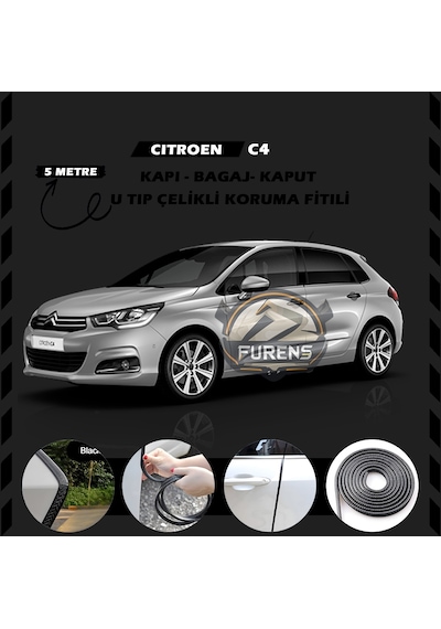 Citroen C4 Oto Araç Kapı Koruma Fitili 5metre Parlak Siyah Renk