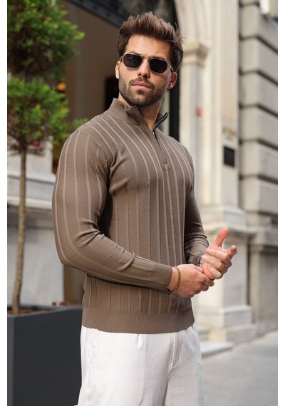 Madmext Açık Kahve Slim Fit Hakim Yaka Fermuarlı Erkek Triko Kazak E7518 Açık Kahverengi