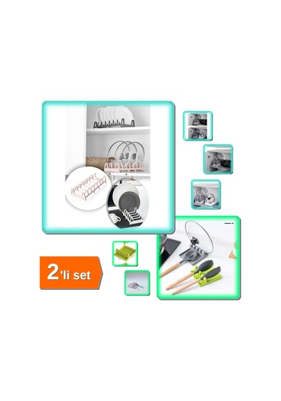 Tencere Kapağı Organizeri 6 Bölmeli + Çok Amaçlı Kaşık Altlığı Kepçe Kapak Tutucu - 2li Set J4g1l7 P Diğer
