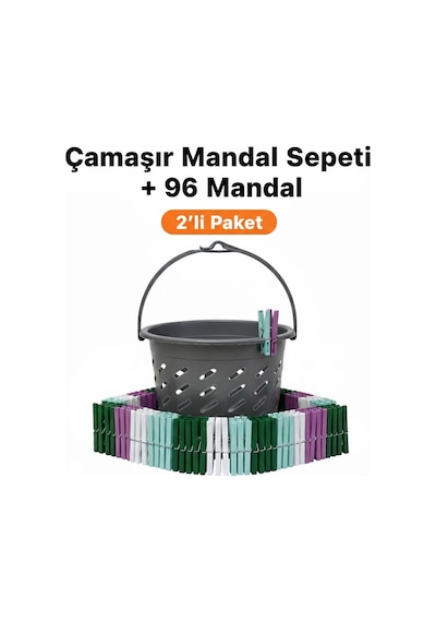 Sepet Hediyeli 96'lı Çamaşır Mandalı Seti - Paslanmaz Yaylı Ve İz Yapmayan Dayanıklı Mandallar Çok Renkli