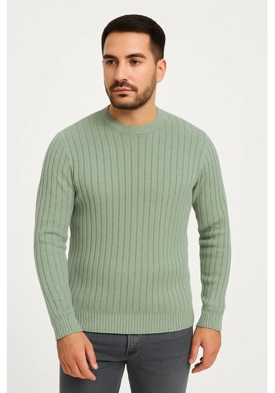 Erkek Bisiklet Yuvarlak Yaka Triko Kazak Pamuklu Kalın Fitilli Dokuma, Regular Fit Uzun Kollu Kışlık Model - Mint Yeşili