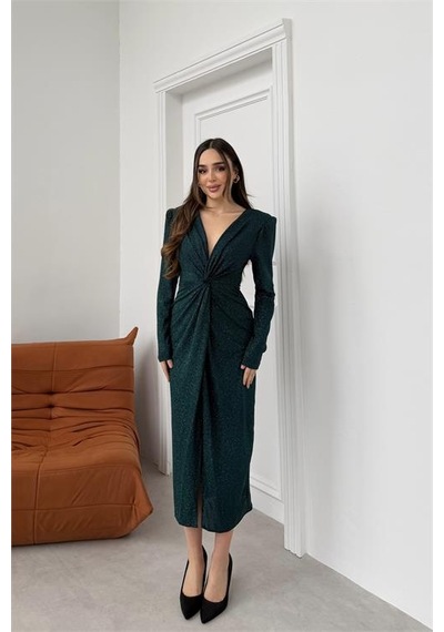 Neşeli Butik Kadın Yeşil Anvelop Büzgülü Simli Premium Midi Elbise Nbelb08 Yeşil