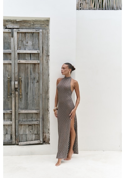 Mai Collection Mai Studios Co. Yudha Sırt Dekolteli Kahve Triko Uzun Elbise Kahve