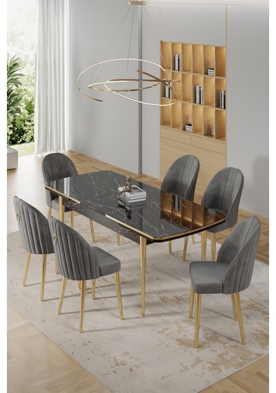 Canisa Rada Serisi 80x132 Açılabilir Lak Panel Siyah Mermer Desen Masa Takımı 6 Gri Sandalye Gold Detay Masa Siyah Mermer Desen Sandalye Gri Canisa Rada Serisi 80x132 Açılabilir Lak Panel Siyah Mermer Desen Masa Takımı 6 Gri Sandalye Gold Detay Masa Siyah Mermer Desen Sandalye Gri