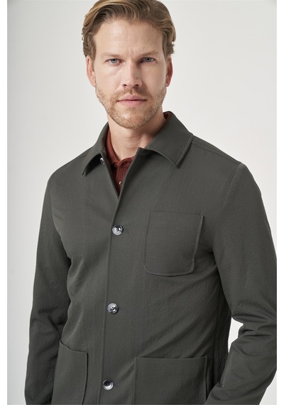 İmza Haki Berberi Yaka Çizgili Desen Gofreli Slim Fit Casual Mont 1007260153