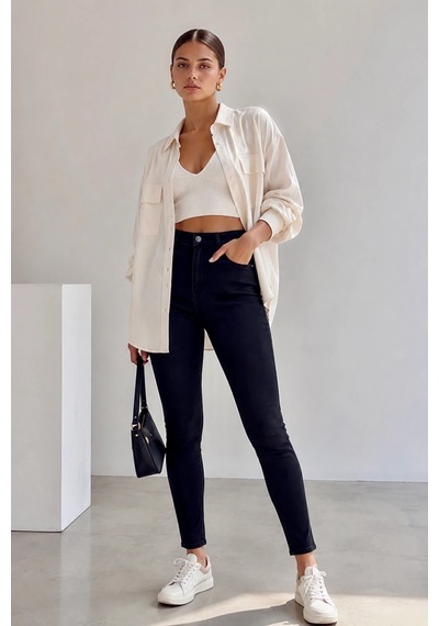 Bb Butik Basic Yüksek Bel Full Likra Dar Paça Skinny Jean Pantolon Dn0989 siyah