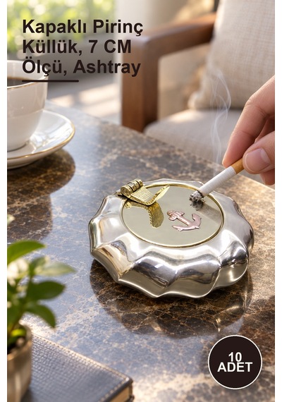 10 Adet Pirinç Çapalı Kapaklı Küllük Kapaklı Pirinç Küllük, 7 Cm Ölçü, Ashtray