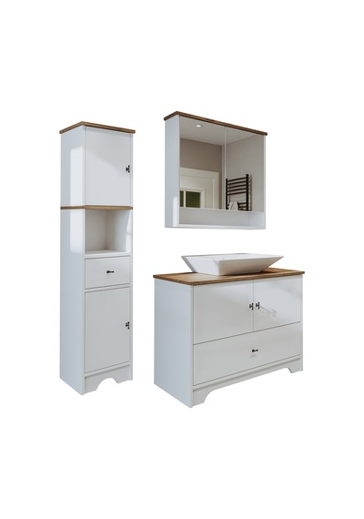 Lavabolu Mdf 100Cm Çekmeceli Banyo Dlp + Aynalı Üst Dlp + Boy Dlp Beyaz - Atlantik Çam