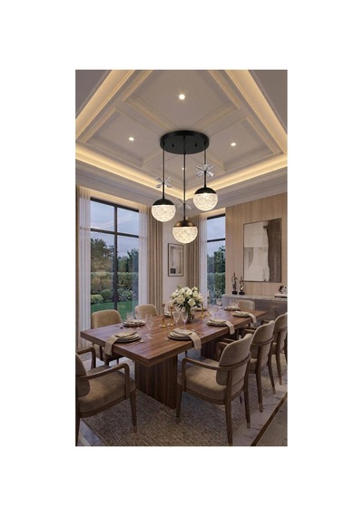 LumiaLighting Küre Model 3"lü Siyah Kumandalı 3 Renk Modu Ledli Kristal Taşlı Modern Salon Mutfak Oturma Odası Led Avize