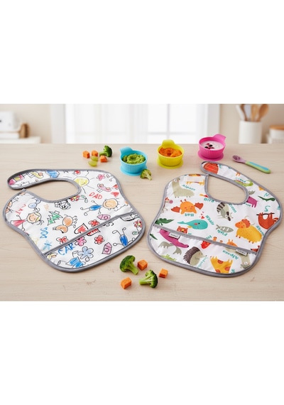 Yorni 2 Adet Ekonomik Set 6-24 Ay Zoo Ve Family Desen, Sıvı Geçirmeyen, Cepli, Cırtlı Mama Önlüğü, Önlük Beyaz