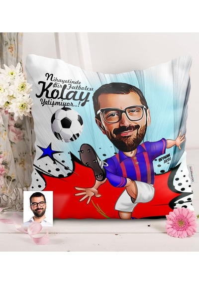 Kişiye Özel Bay Futbolcu Bordo Mavi Karikatürlü Saten Yastık - 1