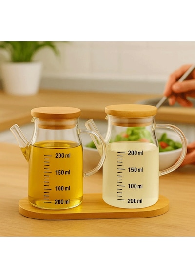 Mini Yağdanlık Ve Sosluk Seti, Bambu Stantlı Ve Vakumlu Bambu Kapaklı, 2'li 200 Ml Salata Seti Ahşap