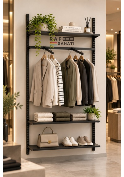90 Cm Duvar Raf Askılık Sistemi 3 Raflı 200 Cm Konik Dikme Hazır Set Siyah
