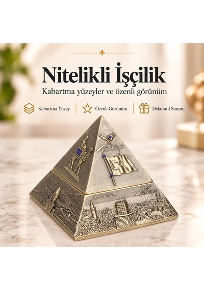 Türkiye Temalı Metal Piramit Küllük Tütsülük Takı Kutusu Kapaklı Dekoratif Hediyelik 10x10 Cm