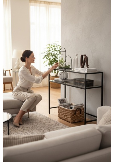 Modern 2 Katlı Siyah Renk Metal Iskeletli Cam Raflı Dresuar Konsol Modern 2 Katlı Siyah Renk Metal Iskeletli Cam Raflı Dresuar Konsol