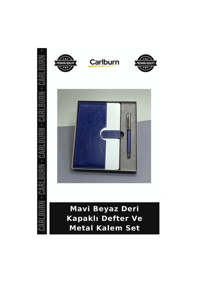 Mavi Beyaz Deri Kapaklı Defter Ve Metal Kalem Set Masa Üstü Kutu Seti Sunum Ürünü