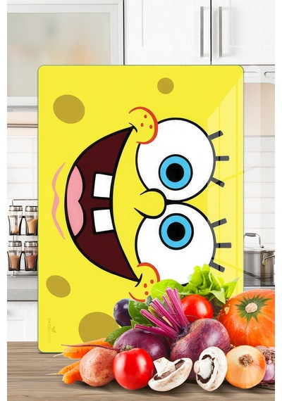 Sünger Bob Desenli Cam Kesme Tahtası Ve Sunumluk 25 X 35 Cm Çok Renkli