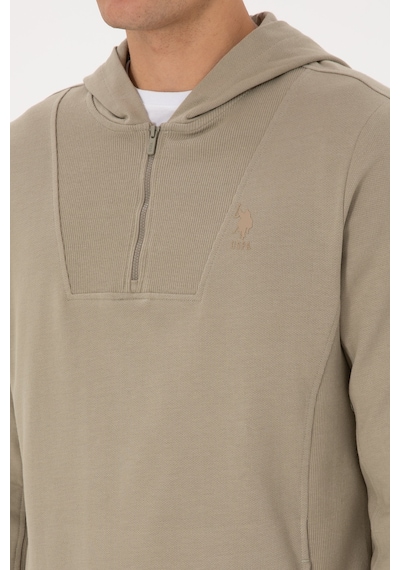 U.S. Polo Assn. Erkek Regular Fit Yarım Fermuarlı Kapüşonlu Açık Haki Sweatshirt 50316391-VR183