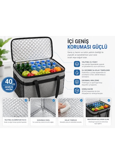 40l Termos Çanta Büyük Boy Soğuk Sıcak Yalıtımlı Piknik Kamp Çantası Açık Gri