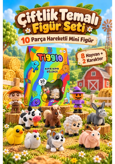 Tigglo 10'lu Hareketli Mini Hayvan Ve Karakter Figür Oyuncak Seti Çiftlik, Okyanus, Safari Ve Orman Tema Seçenekleri Çiftlik Hayvanları