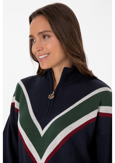 U.S. Polo Assn. Kadın Lacivert V Yaka Fermuarlı Kazak 50309614-VR033