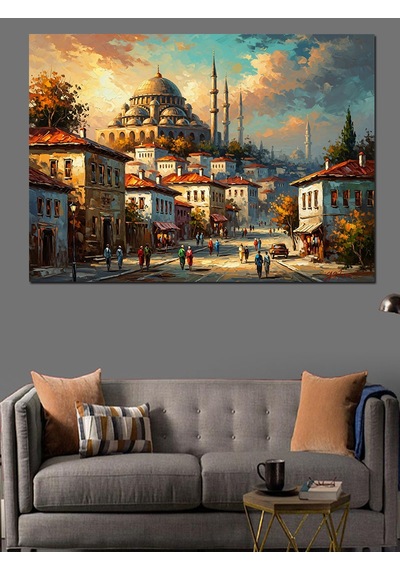 Ahşap Tablo Gün Batımı İstanbul Camii Ve İnsanlar Çocuk Odası Tabloları