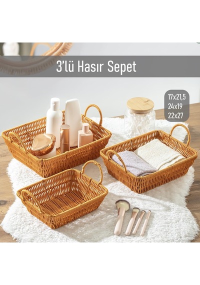 Tr 301-d Dikdörtgen 3'lü Hasır Sepet Dekoratif Ev Düzenleyici Kendinden Kulplu Hasır Sepet Seti Banyo Düzenleyici Diğer