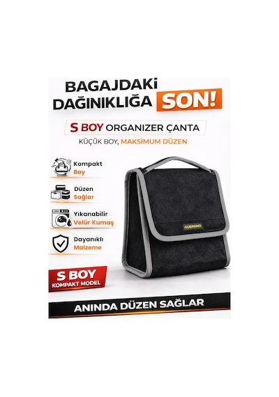 Oto Bagaj Organizer Bagaj Çantası S Boy Kaymaz Cırt Bantlı Velur Kompakt - Siyah Gri