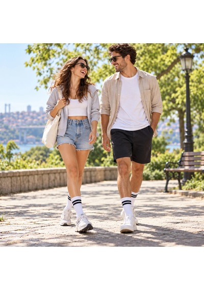 S'82 Unisex Beyaz Çorap Siyah Çizgili 6'lı Set Uzun Soket Günlük Spor Kolej Stil Rahat Kadın Erkek Çorabı