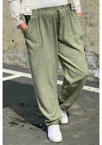 Mia Butik Büyük Beden Yeşil Beli Lastikli Keten Pantolon Yeşil