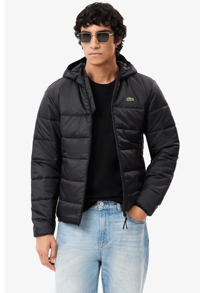 Lacoste Water Resistant Syntehic Fill Jacket Sabit Kapüşonlu Su İtici Erkek Mont Siyah