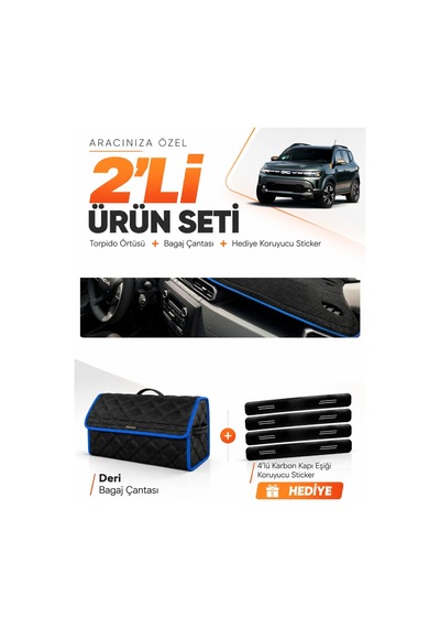 Dacia Duster 3 Nesil 2024-2026 Uyumlu Torpido Örtüsü + Deri Bagaj Çantası + Sticker - Siyah Mavi