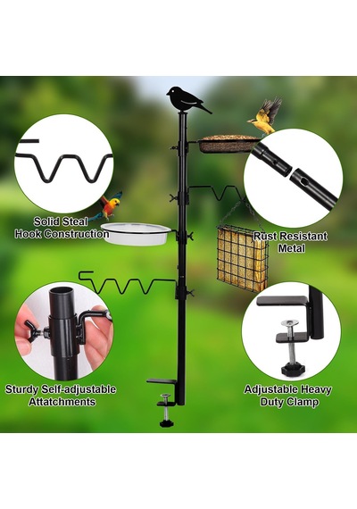 Asılı Kuş Yemi Dispenseri Ve Kuş Suluğu 92 Cm Yüksekliğinde, 2'si 1 Arada Metal Balkon Askısı, Kuş Suluğu