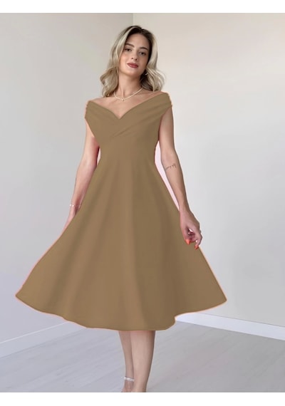 Defymoda Kadın Kısa Kollu Kruvaze Yaka Eteği Volanlı Krep Elbise Sütlü Kahve