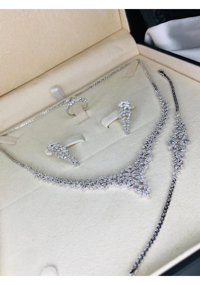 Kadın Gümüş Set - Balın Zirconia Taşlı Su Yolu Set • Işıklı Kutuda • Düğün • Nişan • Gelin Seti